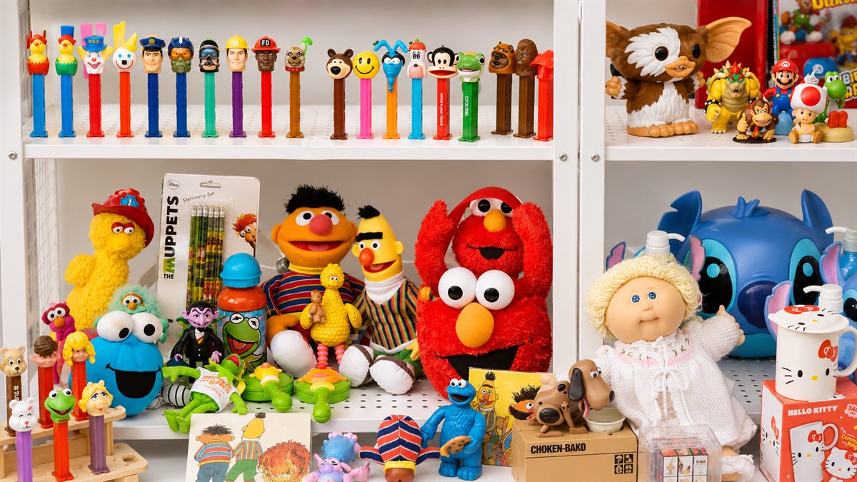 Collector toys, each one outlined and priced